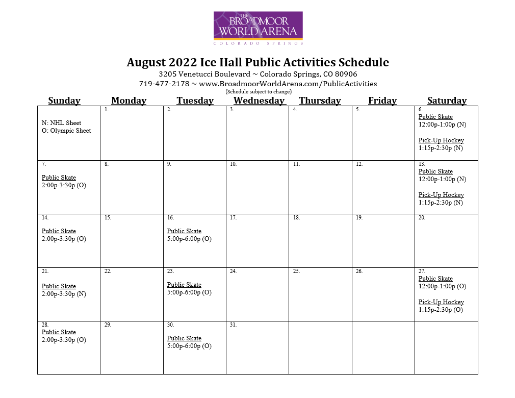 Public Activities Schedule Broadmoor World Arena